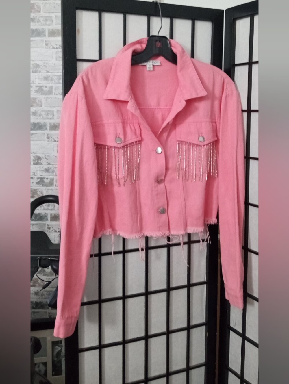 Unbranded Pink Fringe-Trim Cropped Jacket with Rhinestone Chains